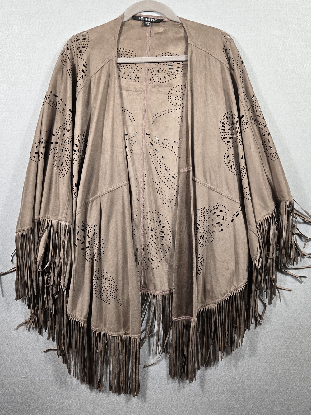 Insight Taupe Faux Suede Laser-Cut Fringe Poncho
